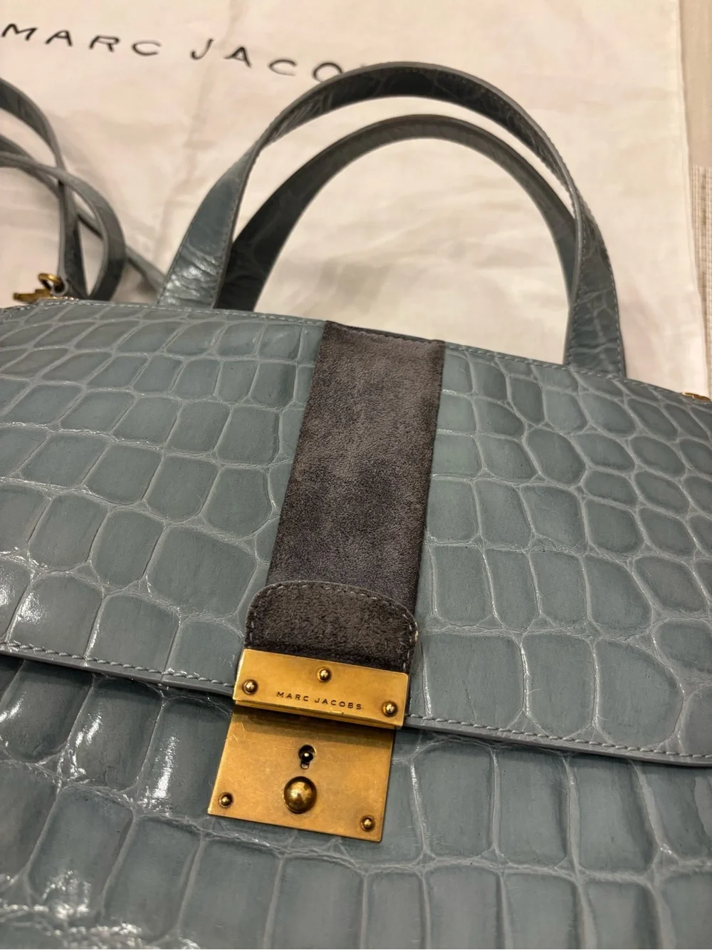 RARE Marc Jacobs Slate Blue Croc-Embossed Italian Leather Satchel with Gold